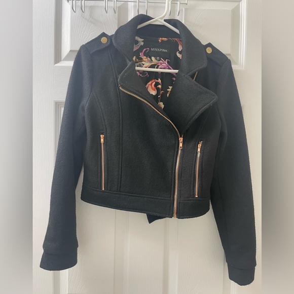 Minkpink cropped wool black and rose gold moto jacket - Picture 2 of 5